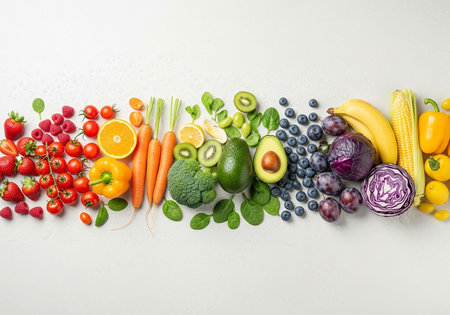 Composition with fresh fruits and vegetables on white background, top viewの写真素材