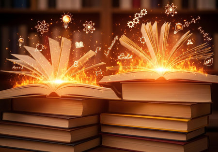 Open book, stack of hardback books on table in library.の写真素材