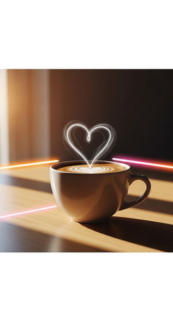 Cup of coffee with heart shape on the background of the windowの写真素材