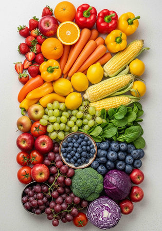 Healthy food background with fruits and vegetables. View from above.の写真素材