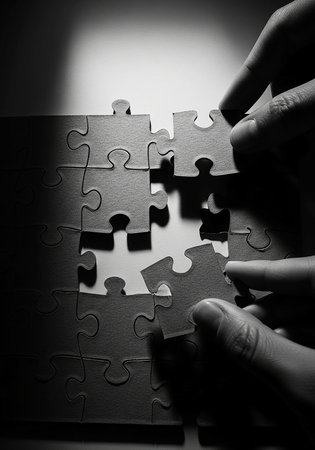 Close up of hands connecting jigsaw puzzle pieces. Black and white tone.の写真素材