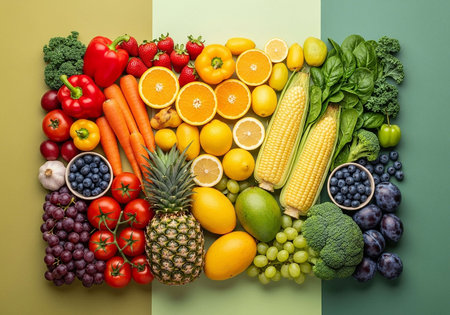 Composition with fresh fruits and vegetables on color background, top viewの写真素材