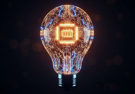 Glowing light bulb with circuit board inside on dark background 3D renderingの写真素材
