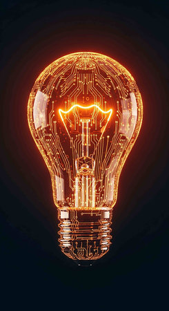 Circuit board light bulb on dark background. Idea concept. 3D Rendering