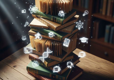 Stack of books with icons on wooden table. Education concept. 3D Renderingの写真素材