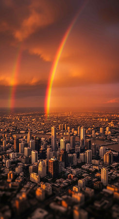 Rainbow over the city of Bangkok, Thailand. Panoramic view.の写真素材