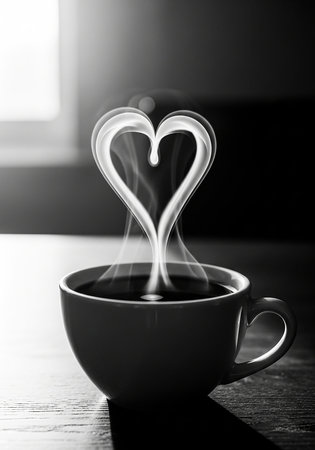 Cup of coffee with heart shape, black and white photo.の写真素材