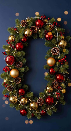 Christmas wreath with red and golden baubles on dark blue backgroundの写真素材