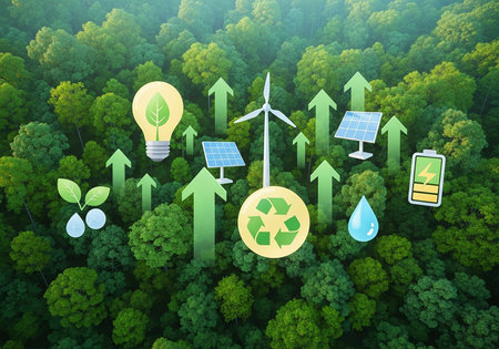 Ecology concept with green forest and energy icons. 3d renderingの写真素材