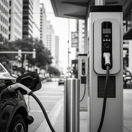 Charging an electric car in the city. Black and white.の写真素材
