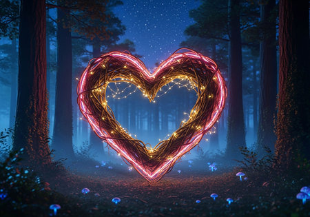 Heart shape in the forest at night. Love concept. 3D Renderingの写真素材