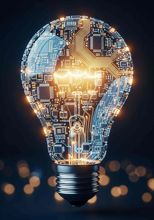 Lightbulb with circuit board on dark background. 3D rendering