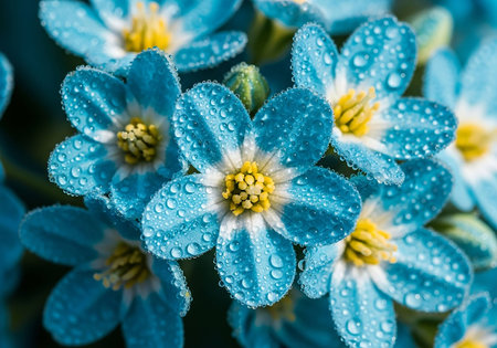 Close up of forget-me-not flowers with water drops.の写真素材