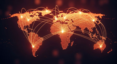 World map with glowing lines and dots. Technology concept. 3D Rendering