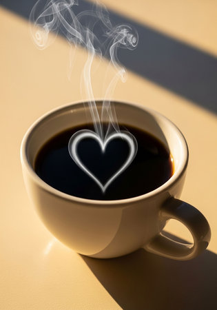 Cup of coffee with heart shape in sunlight on yellow background.の写真素材