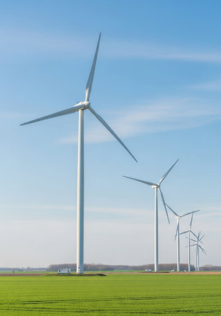Windmills for electric power production on a sunny day in winter