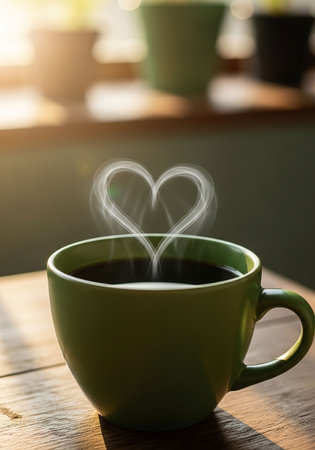 Coffee cup with heart shape on wooden table in coffee shopの写真素材