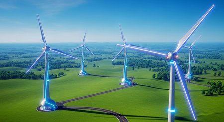 Wind turbines on a beautiful green meadow. 3D rendering.の写真素材
