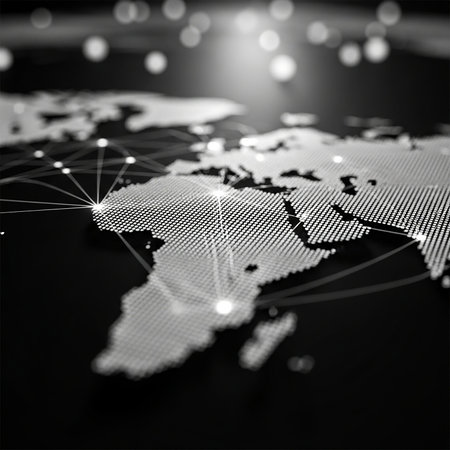 World map and connection lines on black background. 3D rendering.