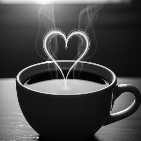 Cup of coffee with heart shape in black and white tone.の写真素材