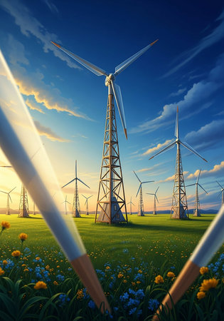 Wind turbines in the meadow. Renewable energy concept. 3D rendering