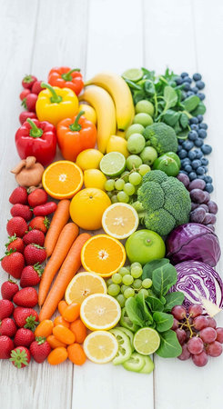 Healthy food background with fruits and vegetables. Detox diet conceptの写真素材