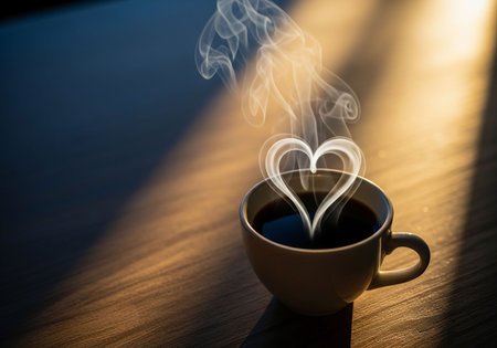 Coffee cup with heart shape on wooden table and sunlight from window.の写真素材