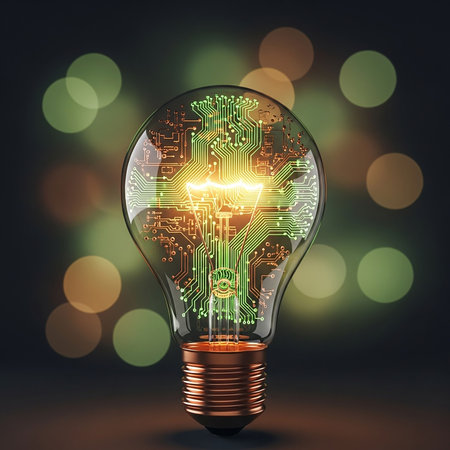 Lightbulb with circuit brain inside on bokeh background. 3D rendering