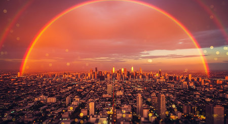 Rainbow over cityscape. 3D Renderingの写真素材