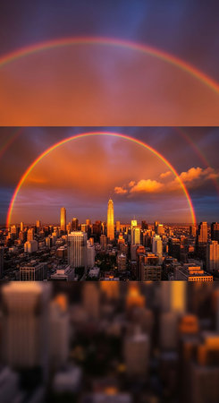 Rainbow over the city of San Francisco, California, USA.の写真素材