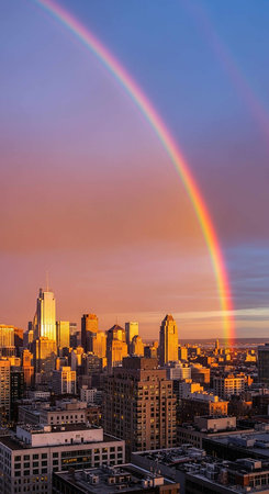 A view of the city of Pittsburgh Pennsylvania during a colorful rainbow.の写真素材