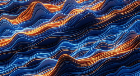3d render, abstract wavy background, dynamic waves, blue and orange linesの写真素材