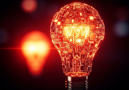 3d render of light bulb with circuit board on dark background.の写真素材