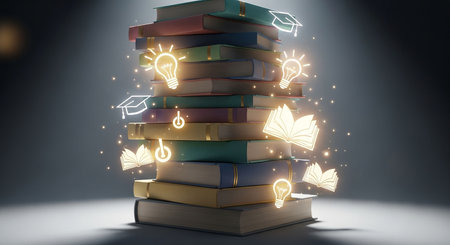 Pile of books with glowing lightbulb on dark background. Education concept. 3D Renderingの写真素材