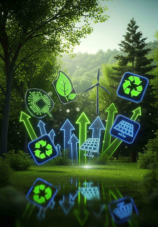 Conceptual image with renewable energy icons on green grassy field