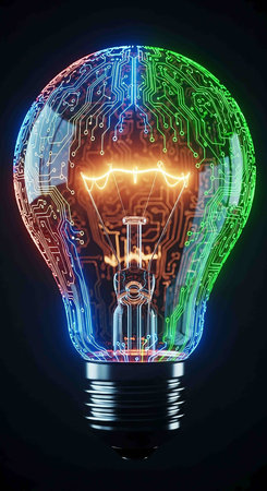 Glowing light bulb with circuit board inside on dark background. 3D renderingの写真素材