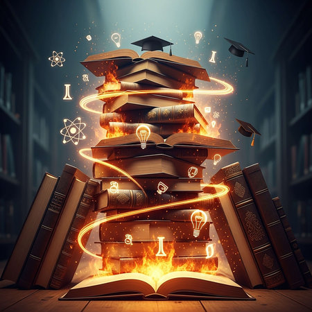 Book with glowing light bulb and graduation cap on top. Education conceptの写真素材