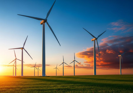 Windmills for electric power production at sunset, Zaragoza province, Aragon, Spain.