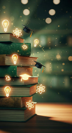 Books with glowing lightbulbs on blurry background. Education concept. 3D Renderingの写真素材