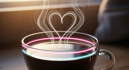 Cup of coffee with heart shape on blurred background, Valentine's day conceptの写真素材