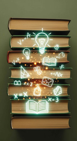 Books with glowing lightbulb on top. Education concept. 3D Renderingの写真素材