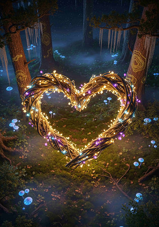 Heart shaped lights in the forest. Valentine's day. 3D renderingの写真素材