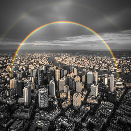 Aerial view of city skyline with rainbow over skyscrapers.の写真素材