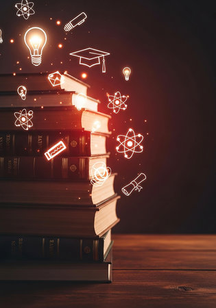 Stack of books with science icons on wooden table. Education concept. 3D Renderingの写真素材