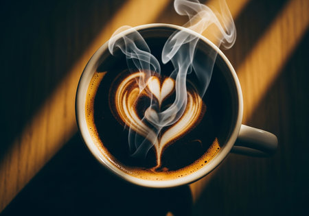 Cup of coffee with heart shape on wooden table in morning lightの写真素材