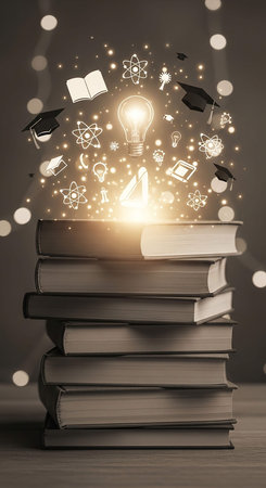 Books with glowing light bulb, education and knowledge concept. 3D Renderingの写真素材