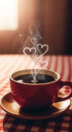 Cup of coffee with heart shaped steam on red tablecloth.の写真素材