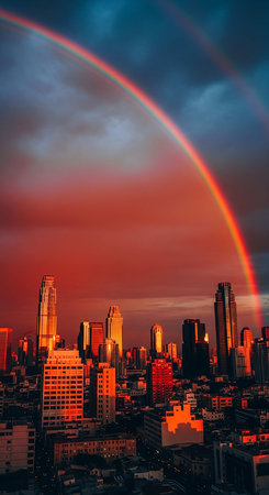 Rainbow over Bangkok city at sunset, Thailand. ( Filtered image processed vintage effect. )