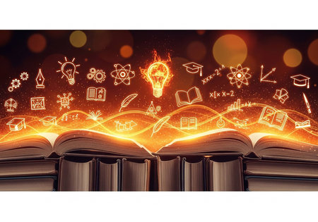 Open book with glowing education icons on bokeh background, education conceptの写真素材
