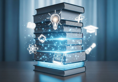 Education concept with books and lightbulb on blue background 3D renderingの写真素材